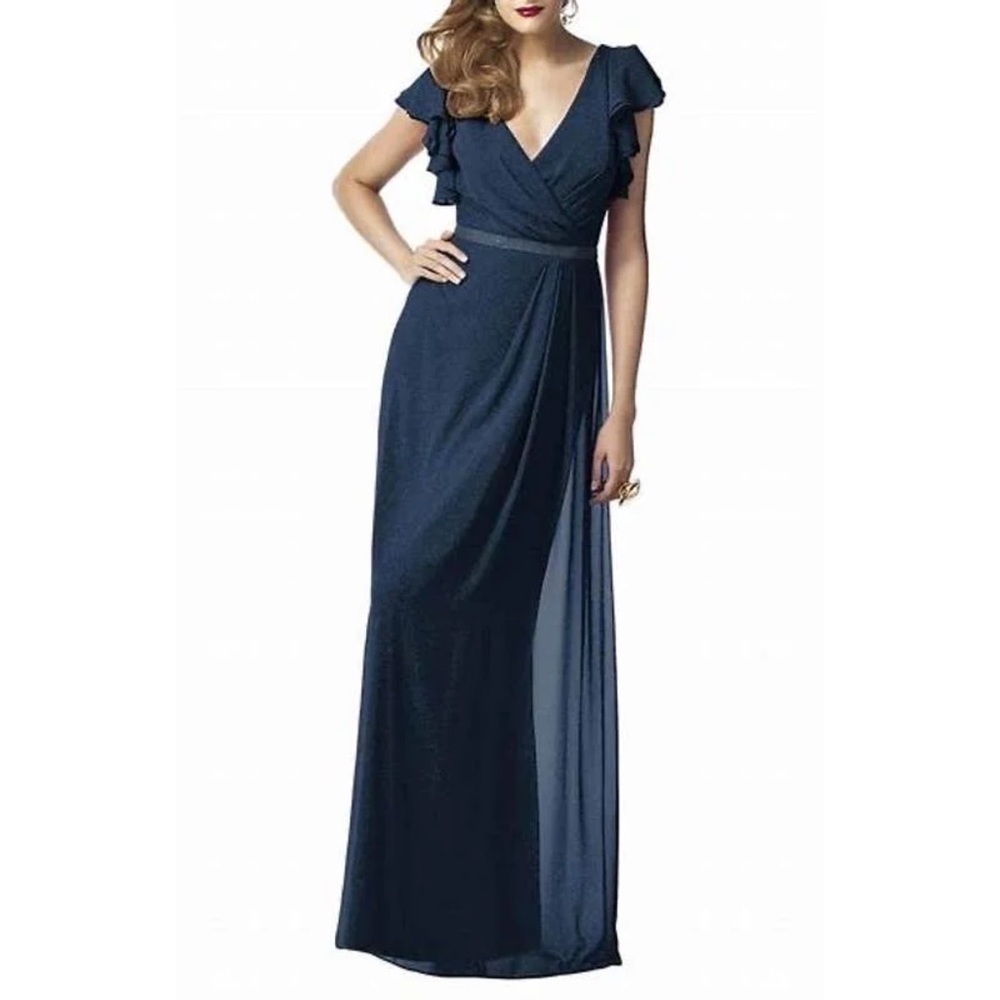 Dessy Collection Womens Midnight Gold Shimmer Flutter Sleeve Faux Wrap Gown Sz 4